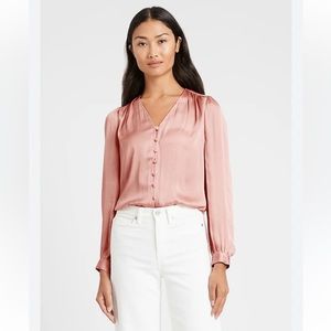 BANANA REPUBLIC Pink Balloon Sleeve Soft Satin V-Neck Blouse- Size medium